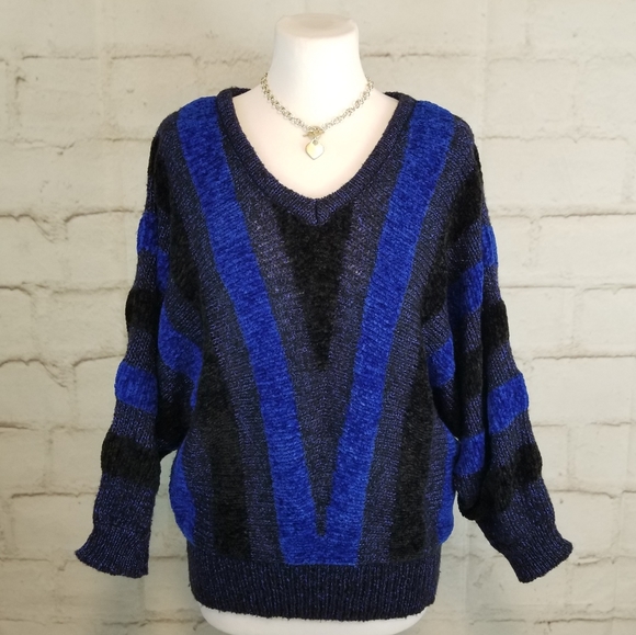 Vintage Sweaters - Vintage Black Blue Dolman Sleeve Chenille Sweater size Medium